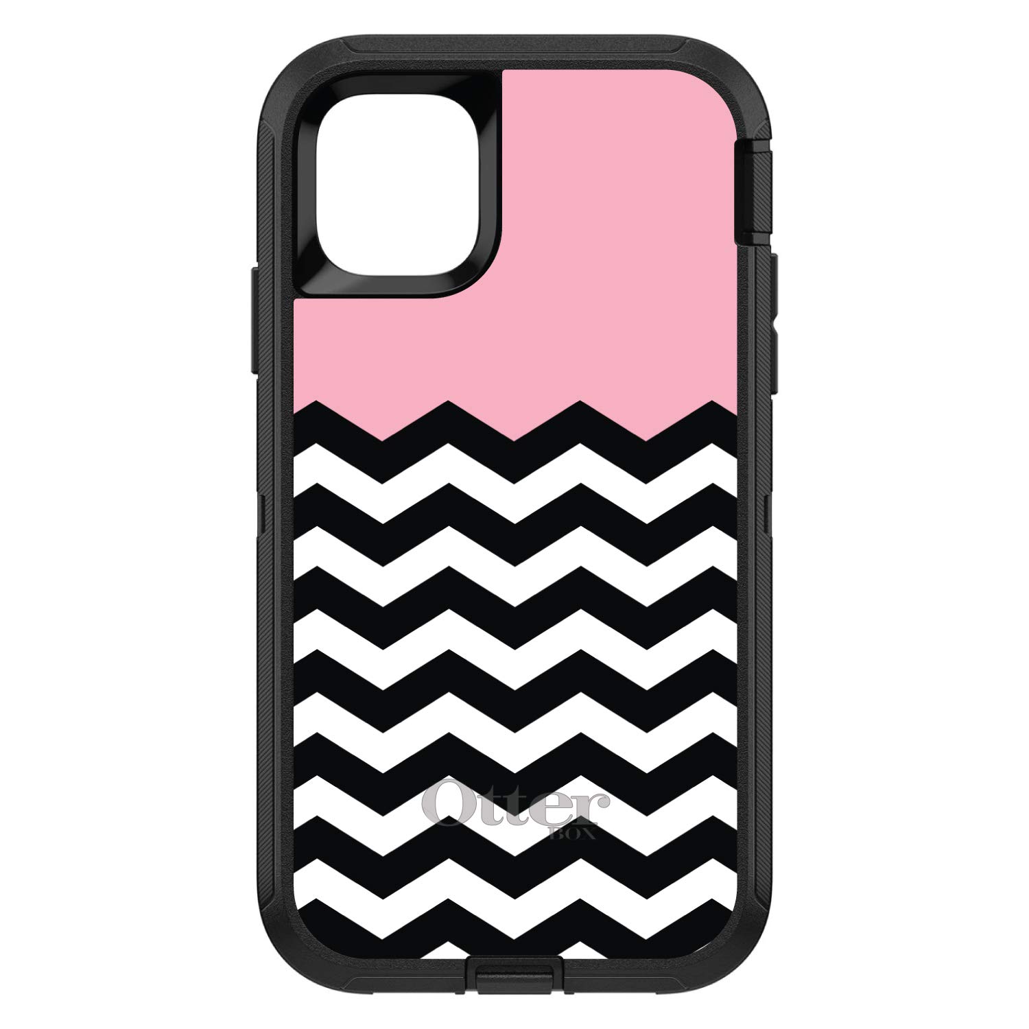 DistinctInk Case for iPhone 12 Mini (5.4" Screen) - Replacement for OtterBox Defender Custom Black Case - Black White Pink Chevron - Black & White Chevron Stripes Pattern