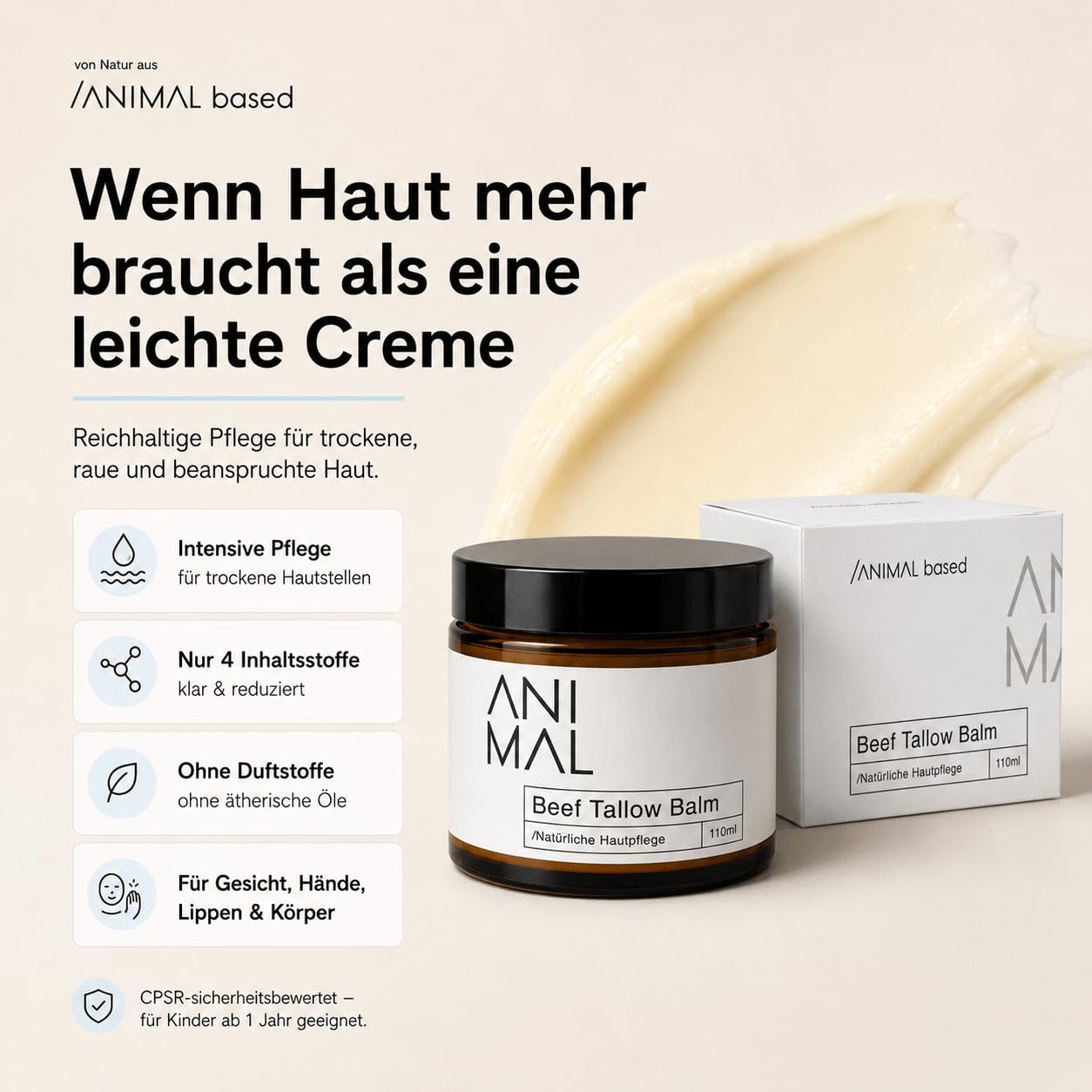Animal Based Beef Tallow Balm 110ml - Rindertalg Gesichtscreme - Natürliche Hautpflege mit Rinderfett, Olivenöl, Bienenwachs & Vitamin E - Beef Tallow Creme - Beef Tallow Skincare - halal