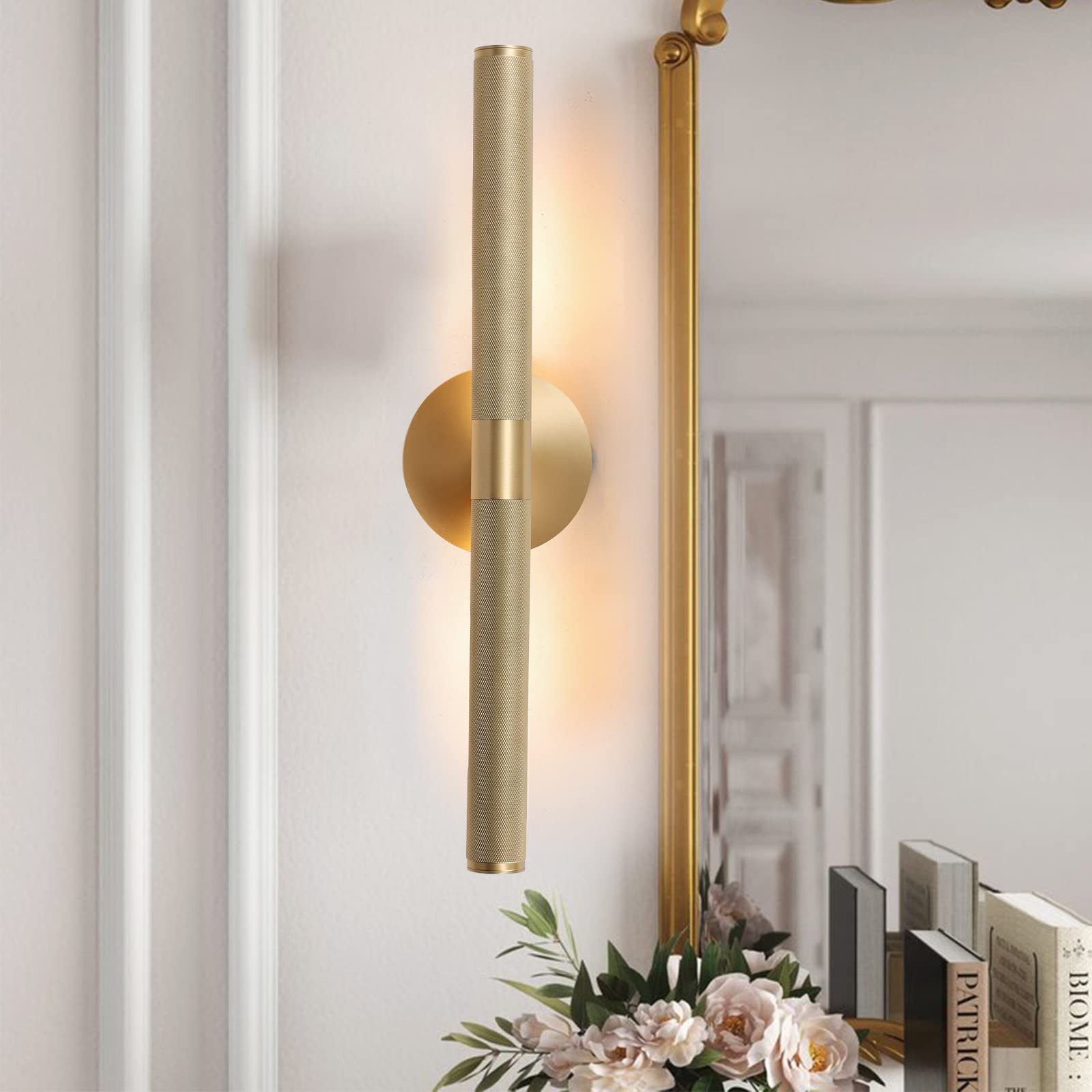 Brass Pictuer Light, 19" Dimmable Knurled Bathroom Wall Sconce Light, Rotatable 360° Pure Copper Vanity Lights Over Mirror, Indoor Wall Light, Gold Wall Sconces for Bedroom, Living Room