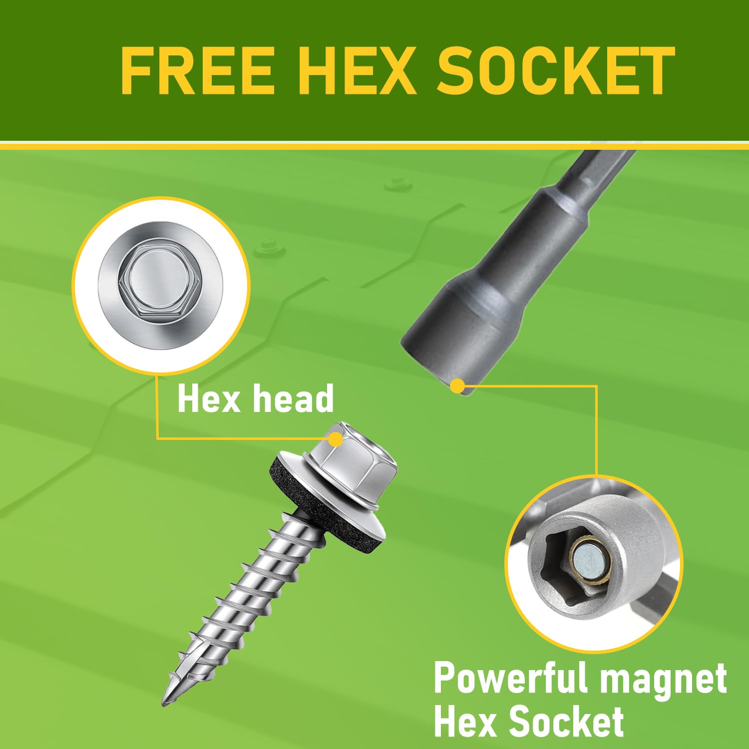 CAMNWAMN #10 x 2 Inch, 100 Pcs Hex Head Metal Roofing Screws, Zinc Plated Sharp Point Sheet Metal Roof Screw with Rubber Washer, Self Tapping Metal to Wood Siding Screws, Hex Socket Included