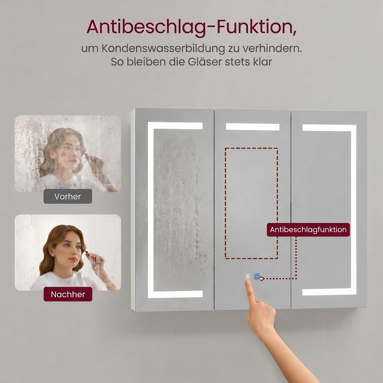 Caldion Spiegelschrank 120cm Bad mit 3 LED-Beleuchtung Entfogging-Funktion Badezimmerschrank mit 3 Spiegel Badschrank hängend mit Ablagen Wandschrank mit Glastüren 120x13x90cm Weiß