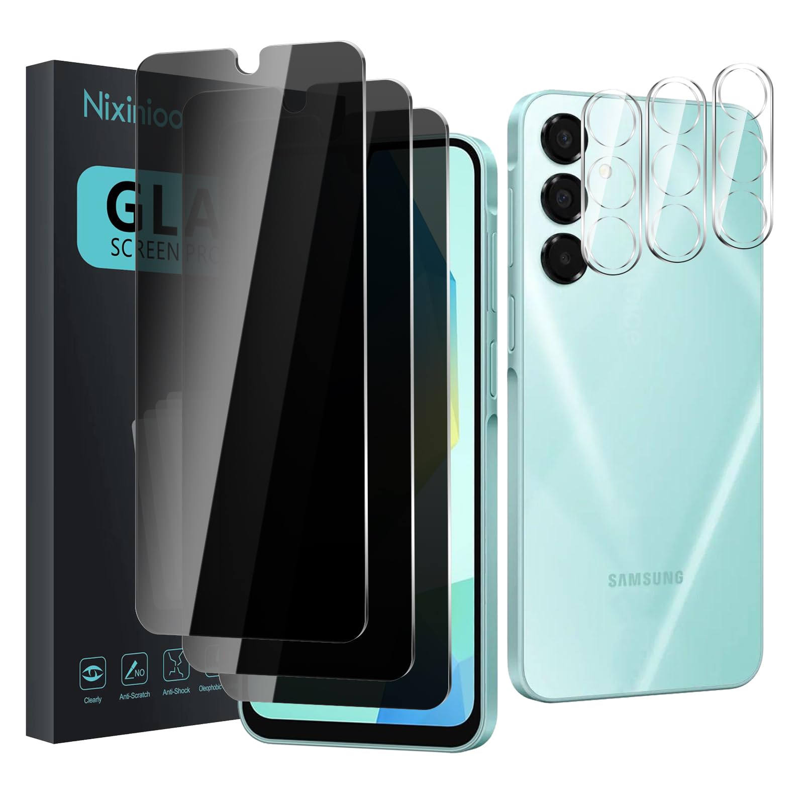 Nixinioo 3 Pack Privacy Screen Protector for Samsung Galaxy A16 5G With 3 Pack Camera Lens Protector, Anti Spy Tempered Glass Film, 9H Hardness, Black