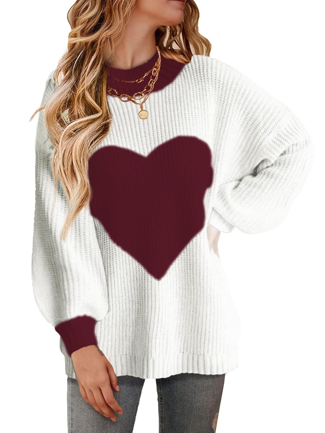 Oversized Valentine Heart Sweater for Women Boyfriend Style Long Sleeve Crewneck Sweaters Women Casual Tops