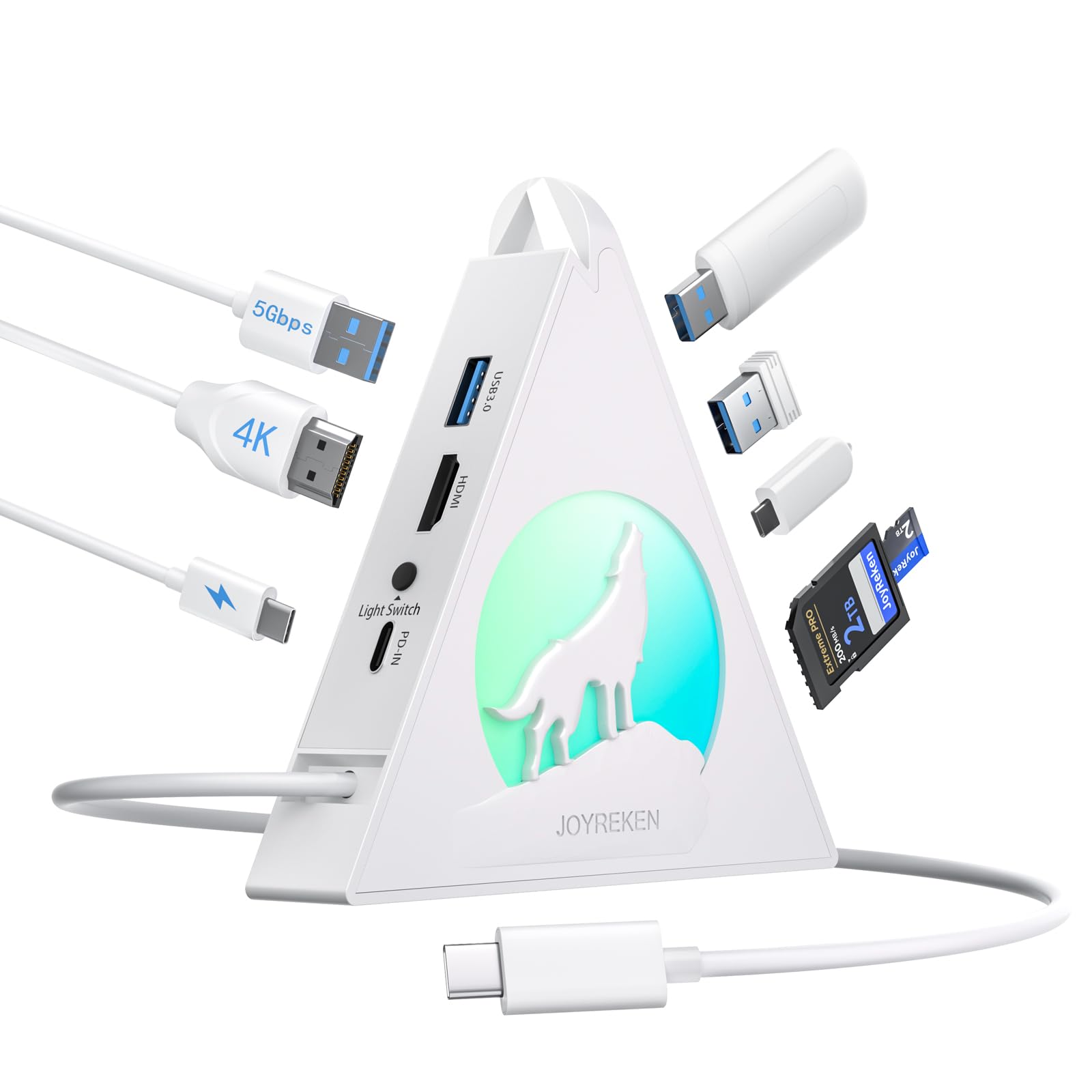 Hub USB C blanc, hub 8 en 1 de type C avec HDMI 4K, alimentation 100 W, USB-C 5 Gbit/s, 3 x USB-A 3.0, lecteur de carte SD/TF, éclairage RVB, station d'accueil blanche pour MacBook Air/Pro, iPad