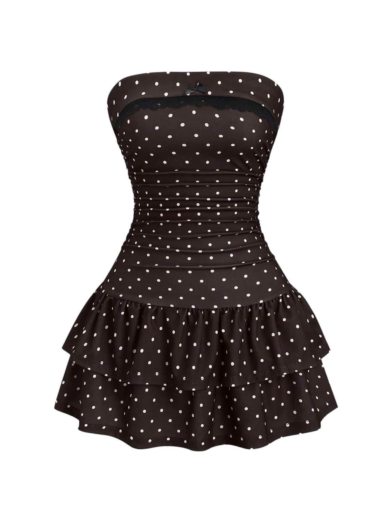Verdusa Women's Polka Dots Strapless Tube Dress Ruched Layered Ruffle Summer Dresses Date Night Outfit Polka Dots