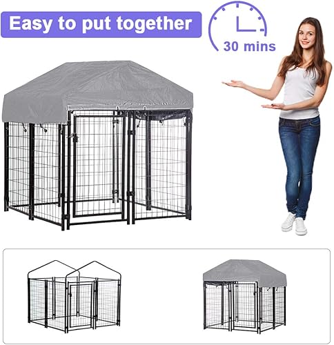 Miniatura 6 de Perrera de alambre soldado para perros, corralito resistente, incluye un techo y una cubierta resistente al agua de 4 x 4 x 4.3 pies