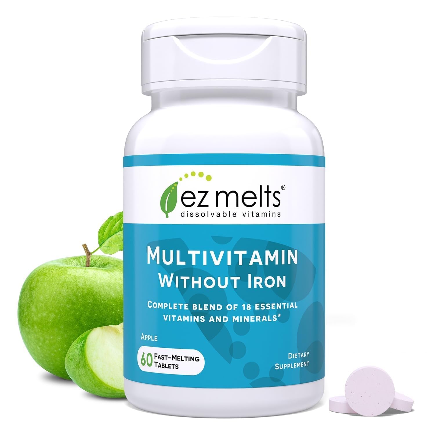 Multivitamin Without Iron - Daily Supplement with 18 Vitamins & Minerals - Contains Vitamin C, Folate, Biotin & More - Non-GMO & Vegan - Apple - 60 Dissolvable Tablets (30 Servings)