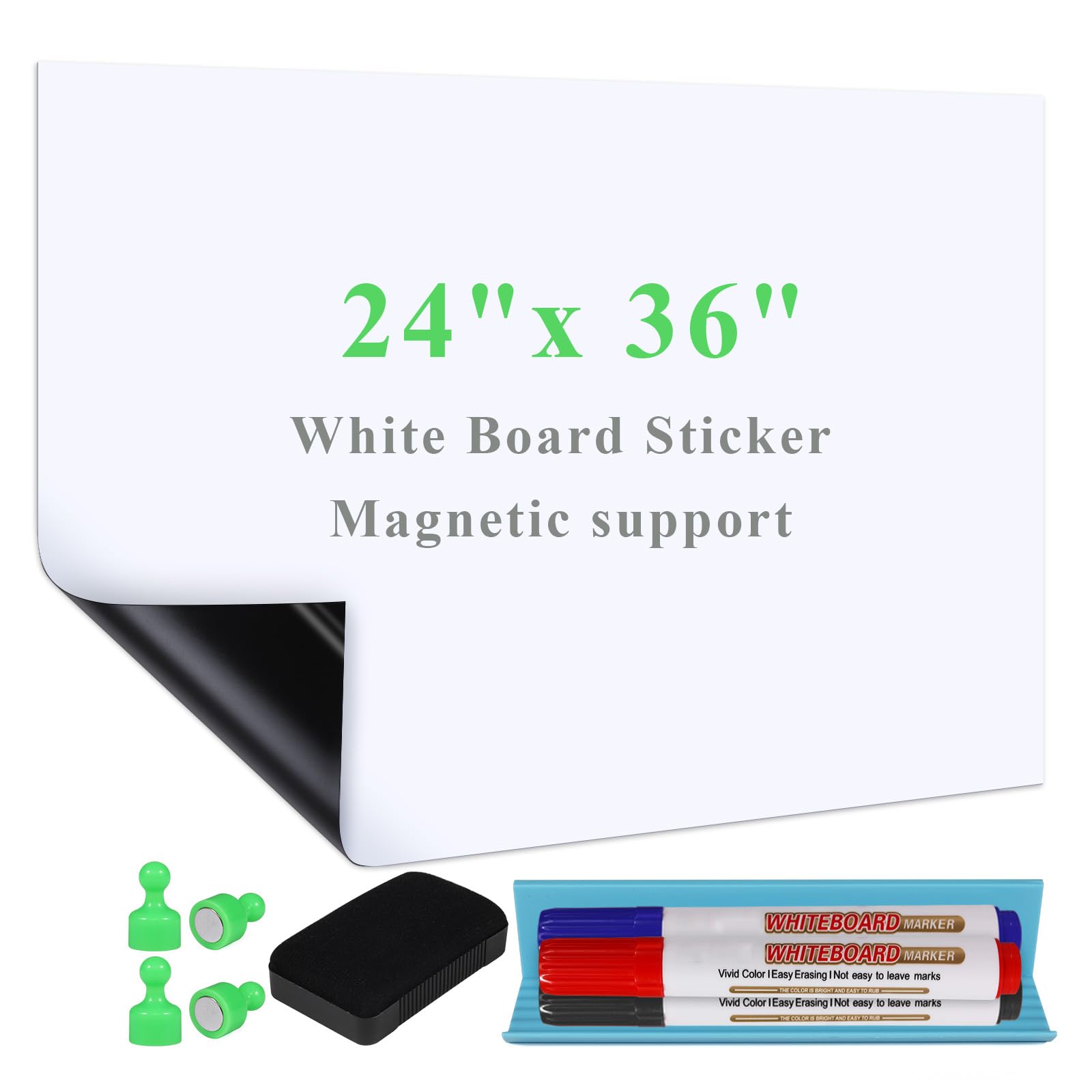 White Board Sticker Adhesive, 24" x 36" Magnetic Dry Erase Board Paper for Wall, Refrigerator Whiteboard Sheet for Teacher Supplies for Classroom, Include 3 Markers, Eraser with Magnet