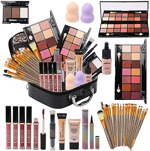 MTDXILTAI All in One Makeup Kit for Makeup storage bag 2X14 Colors Eyeshadow Palette Liquid Foundation Eyeliner Pencils Contouring Stick Lip Gloss 20Pcs Make up Brushes For Women Girls Teens (Black)