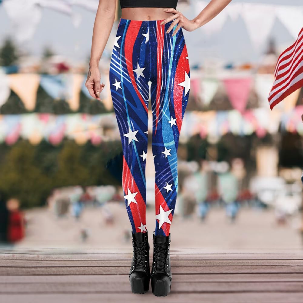 Eciodci Women's American Flag Leggings USA 4th of July Patriotic Stripes High Waist Soft Stretchy Yoga Pants - Image 3