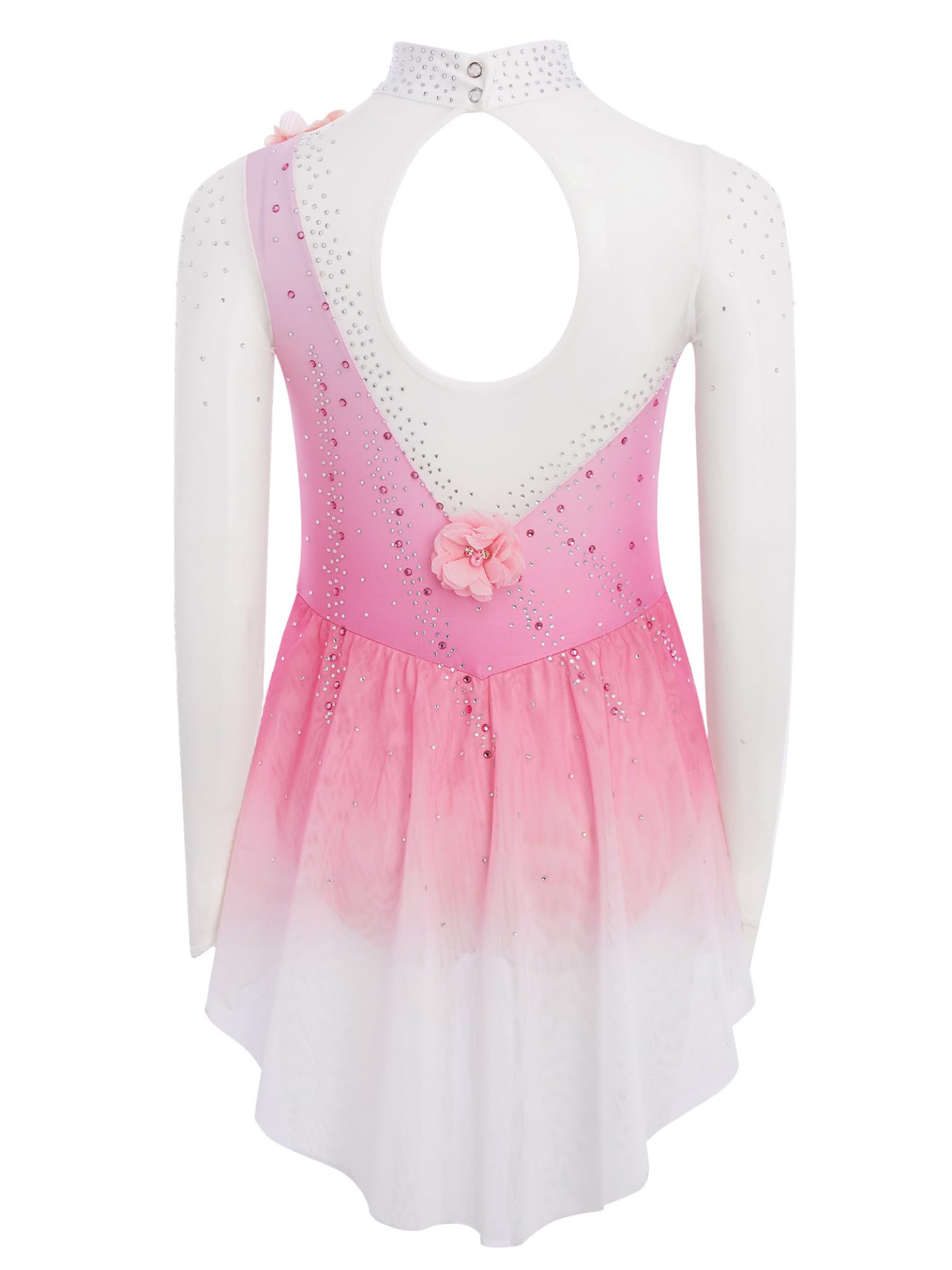 Vestito Pattinaggio Artistico Ragazza Strass Fiore Body Ginnastica Manica Lunga Leotard Balletto Danza