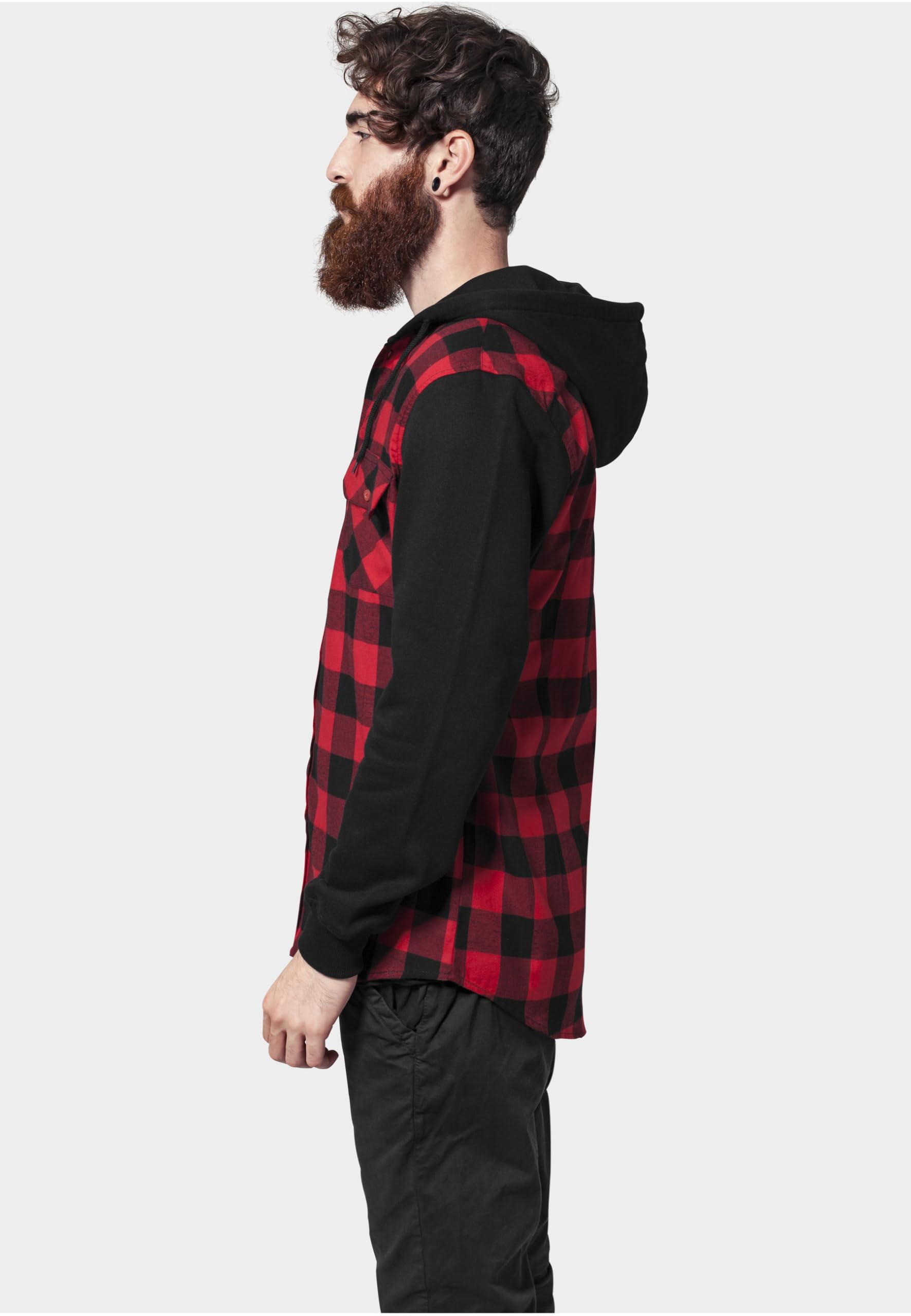 Urban Classics A Cuadros Franela con Capucha Hombre Camisa de Franela Negro/Rojo Regular