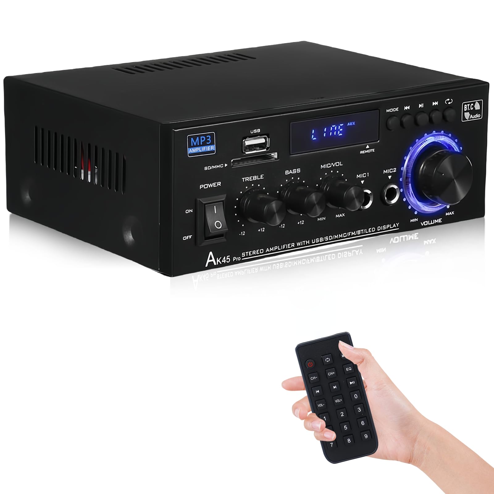 AK45 Amplificatore HiFi Mini Stereo Bluetooth 2.0 Canali 40W X 2 12V/240V Telecomando