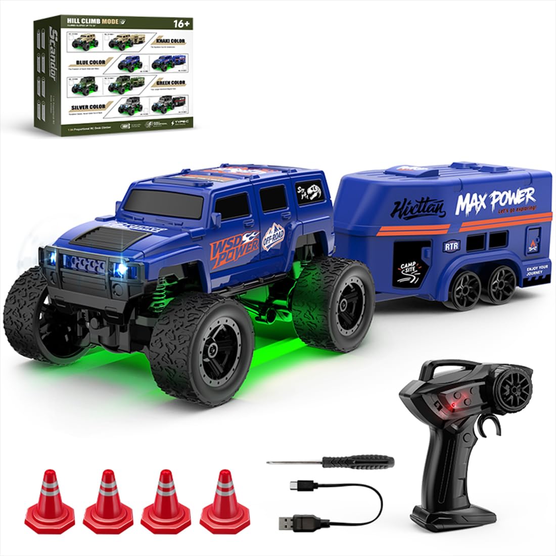 1/64 Mini RC Car 2.4G Remote Control Crawler Truck with Trailer 4WD Off-Road All Terrain Vehicle with DIY Stickers, Full Proportional, 2 Speed Control, LED