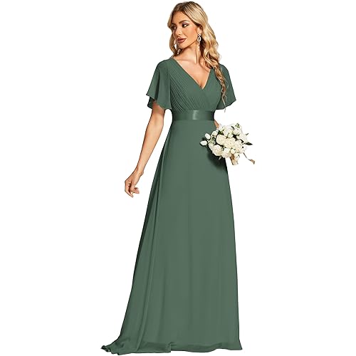Ever-Pretty Women's Classic Chiffon Short Sleeve Pleated V-Neck Floor Length Bridesmaid Dresses 09890