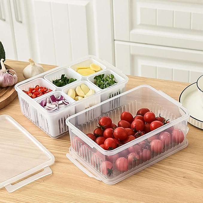 Image of KHEDU FAB 1 Pc's Refrigerator Storage Containers with 6 Drain Basket Fridge Storage Containers Organizer for Kitchen Fridge Storage Boxes Keep Fresh Chopped Green Ginger Garlic and Vegetables.