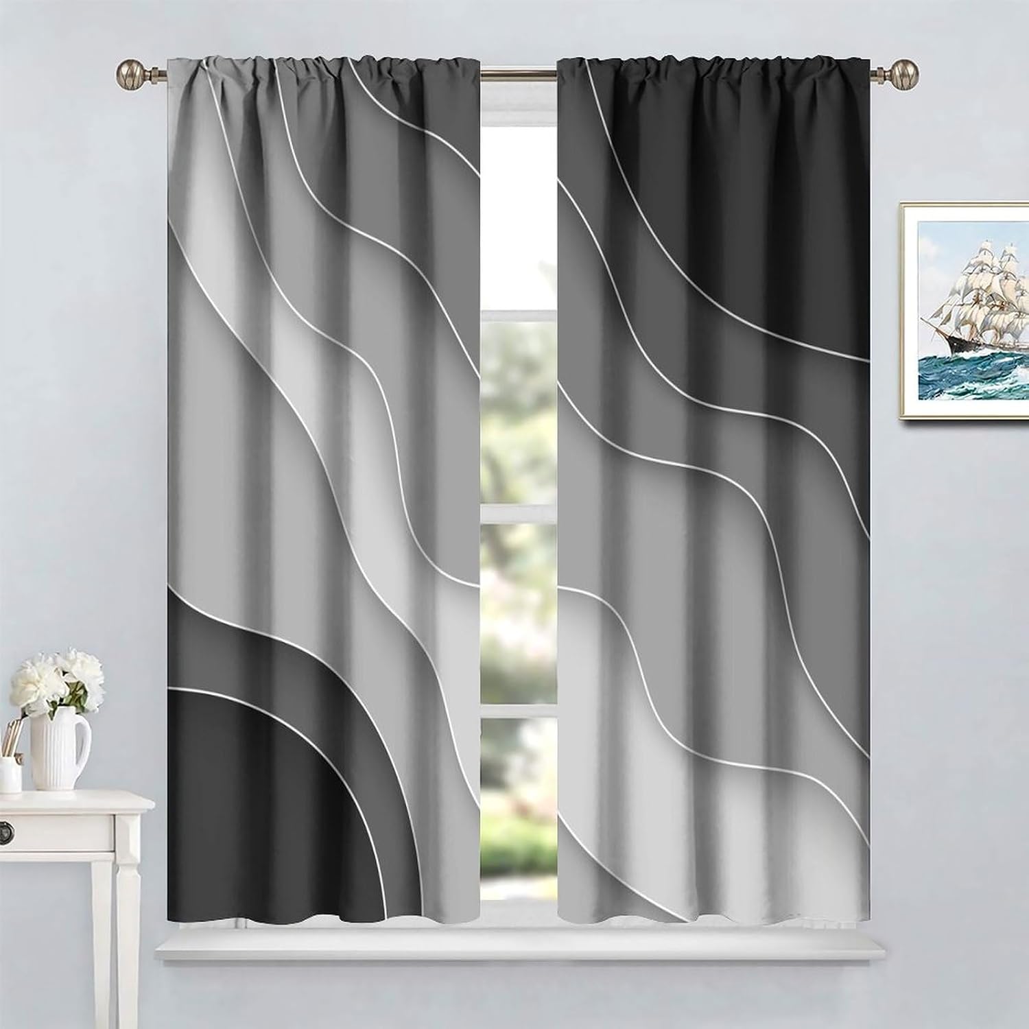 Black Grey Abstract Ombre Curtains for Kids Boys Girls Teens Bedroom Decor Modern Aesthetic Geometric Printed Rod Pocket Blackout Window Drapes for Living Room Kitchen Cafe W21xL45in Decor