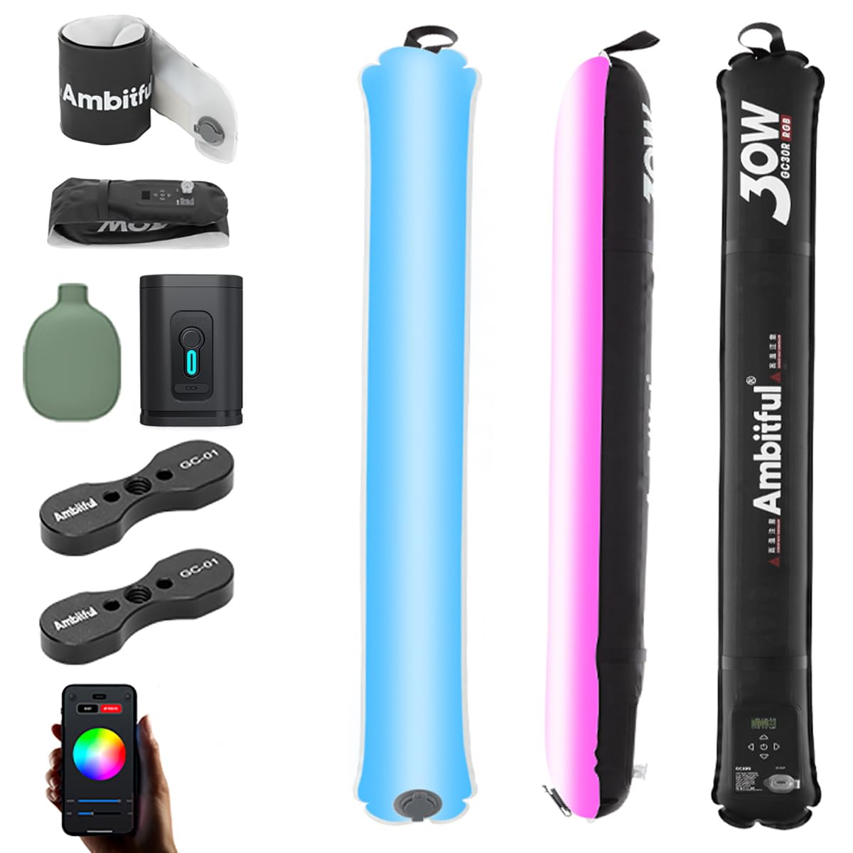 AMBITFUL GC30R 30W RGB Full-Color Tubo Gonfiabile Luce 2500K-10000K Palmare LED, CRI 95+, TLCI 96+ per Supporto Aspirazione Magnetica, Barra luminosa impermeabile LED Bacchetta di illuminazione a LED