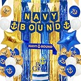 Holkcog Navy Party Decorations, Blue Gold Naval Military Banner, Navy Bound Themed Cake Topper、Sash、Ballons、Curtain，Star Balloons Supply , Farewell Party Welcome Boot Camp Bound Decorations