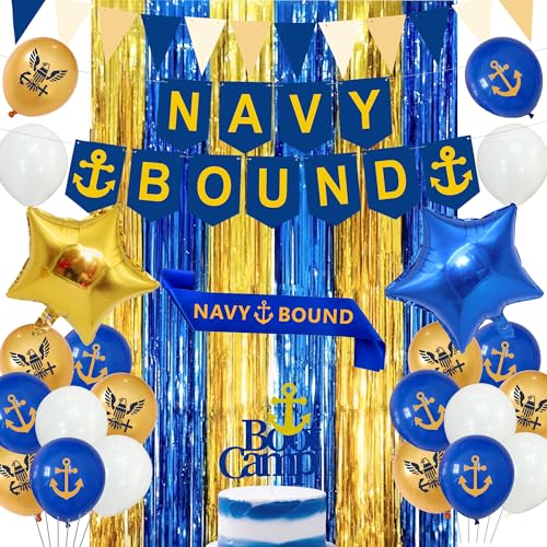 Holkcog Navy Party Decorations Blue Gold Naval Military Banner Navy Bound Themed Cake TopperSashBallonsCurtainStar Balloons Supply Farewell Party Welcome Boot Camp Bound