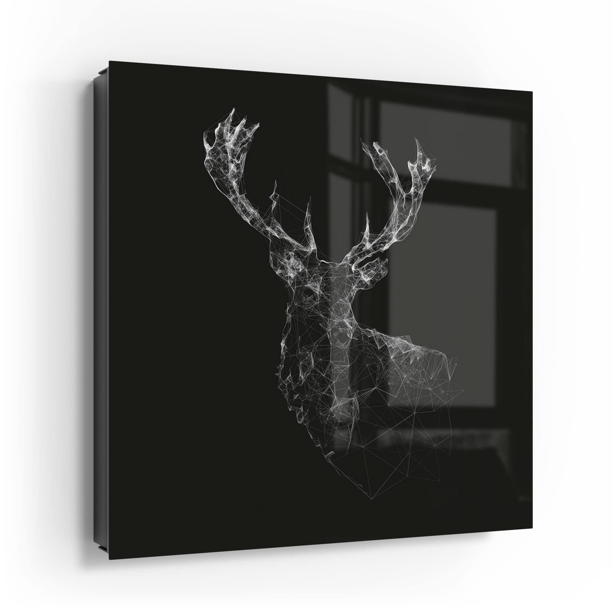 DEQOART Schlüsselkasten Schwarz 30x30 Cm | Motiv Vogelzauber Im Blütenmeer | Mit 50 Haken + 2 Magneten | Glasfront, Magnetisch & Beschreibbar