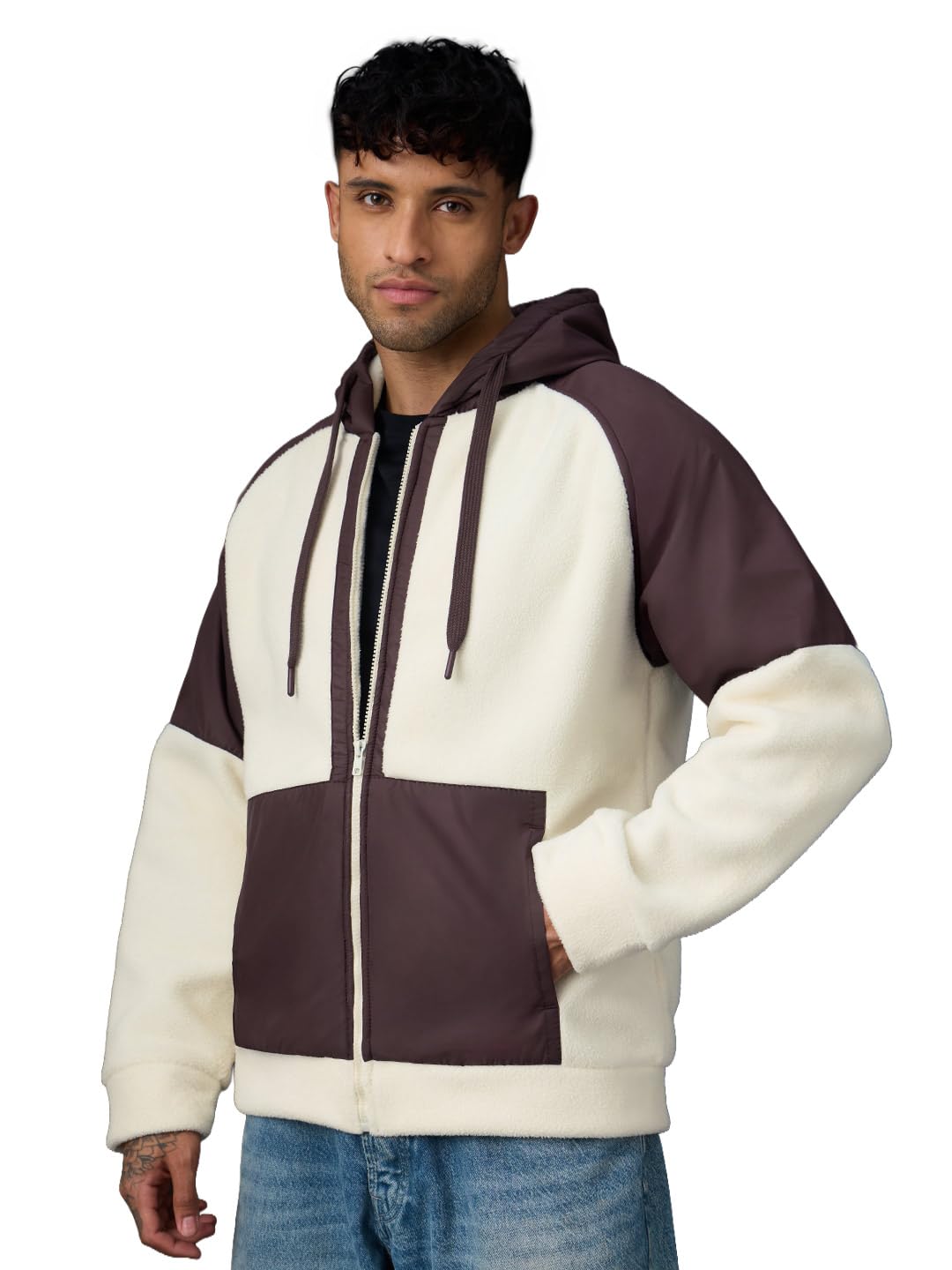 the souled store Berry Clouds Men and Boys Long Sleeve Hooded Neck Off-White and Brown Colour-Block Polyester Polar Fleece Warm Fleece Zipper Oversized Hoodie-picture-42