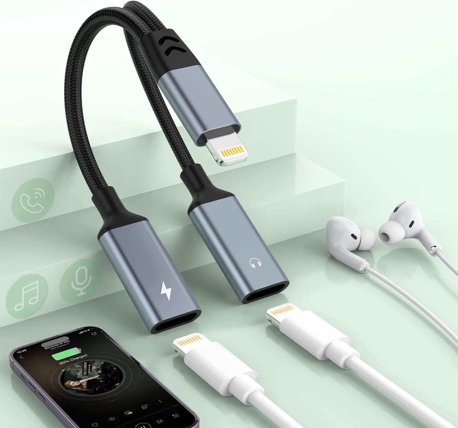 【Apple MFi Certified】 Video Call+Music+HiFi+Charge+Mic+Control,2in1