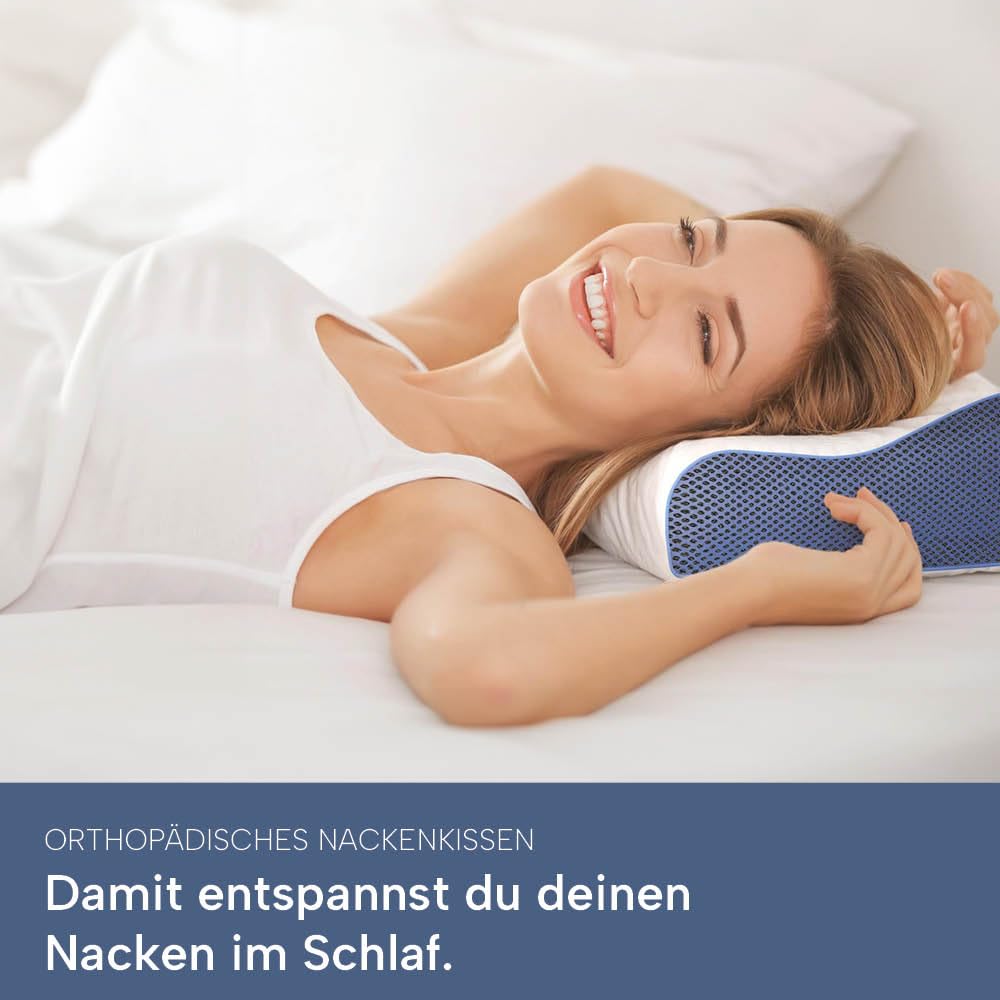 Orthopädisches Nackenstützkissen Memory Foam - Höhenverstellbares Nackenkissen entlastet Kopf & HWS - Schlafkissen gegen Nackenschmerzen 60x30cm, inklusive Kissenbezug in grau, mittelfest
