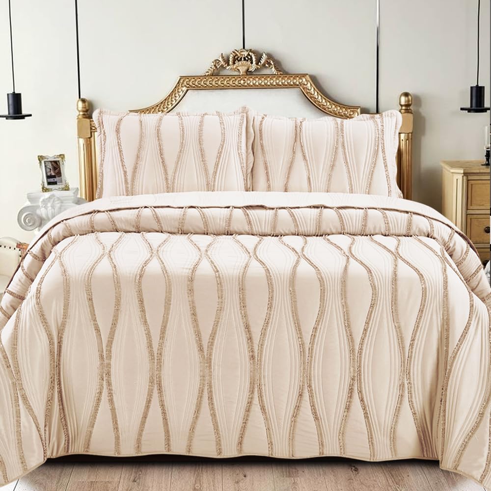 Cozy Bedspread Throw – 3Pcs Embossed Quilted Comforter Warm Bed Coverlet Bedding Set for Bedroom Decor with 2 Pillow Sham (King, Beige)