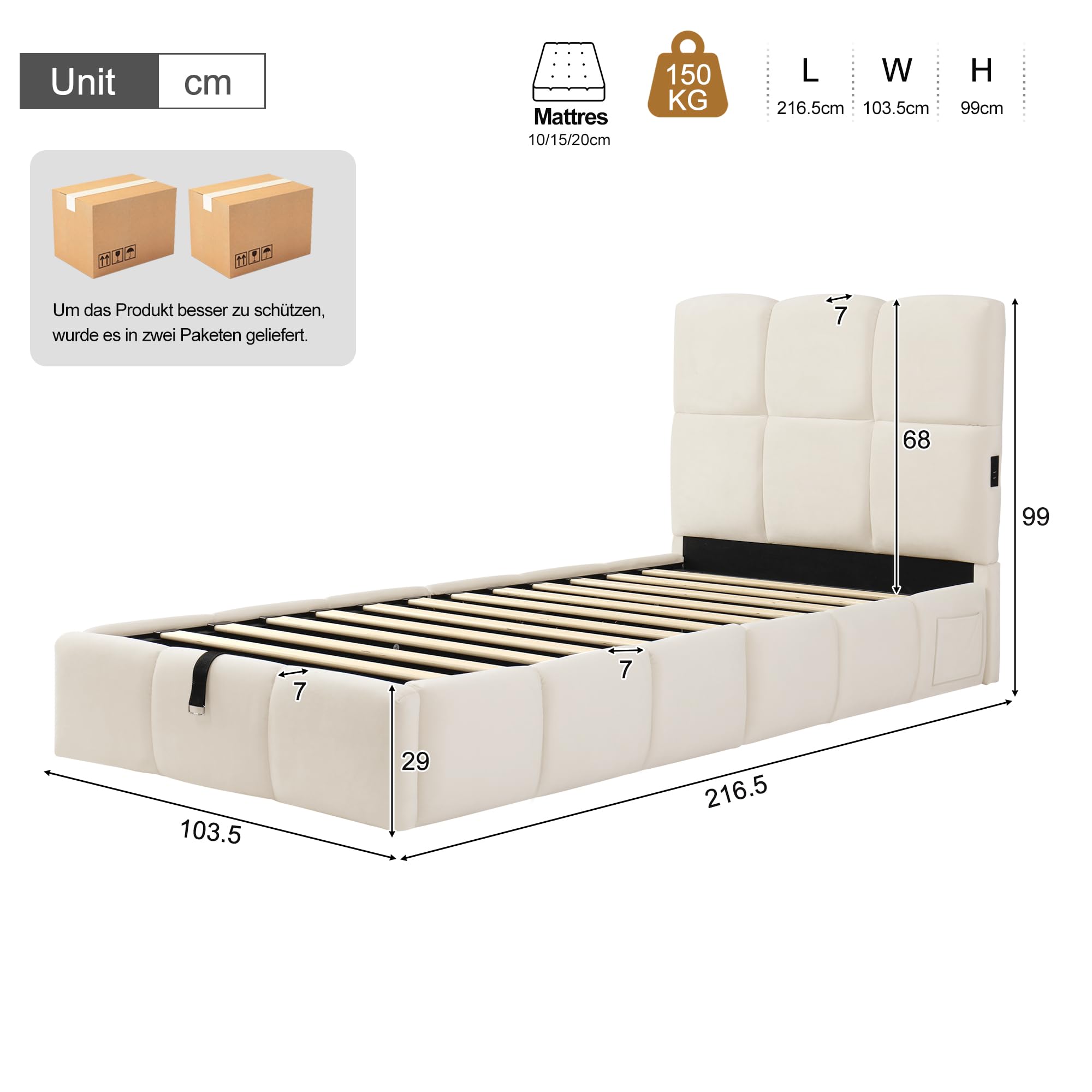 Lettino per bambini, 90 x 200 cm, con vano portaoggetti, letto imbottito