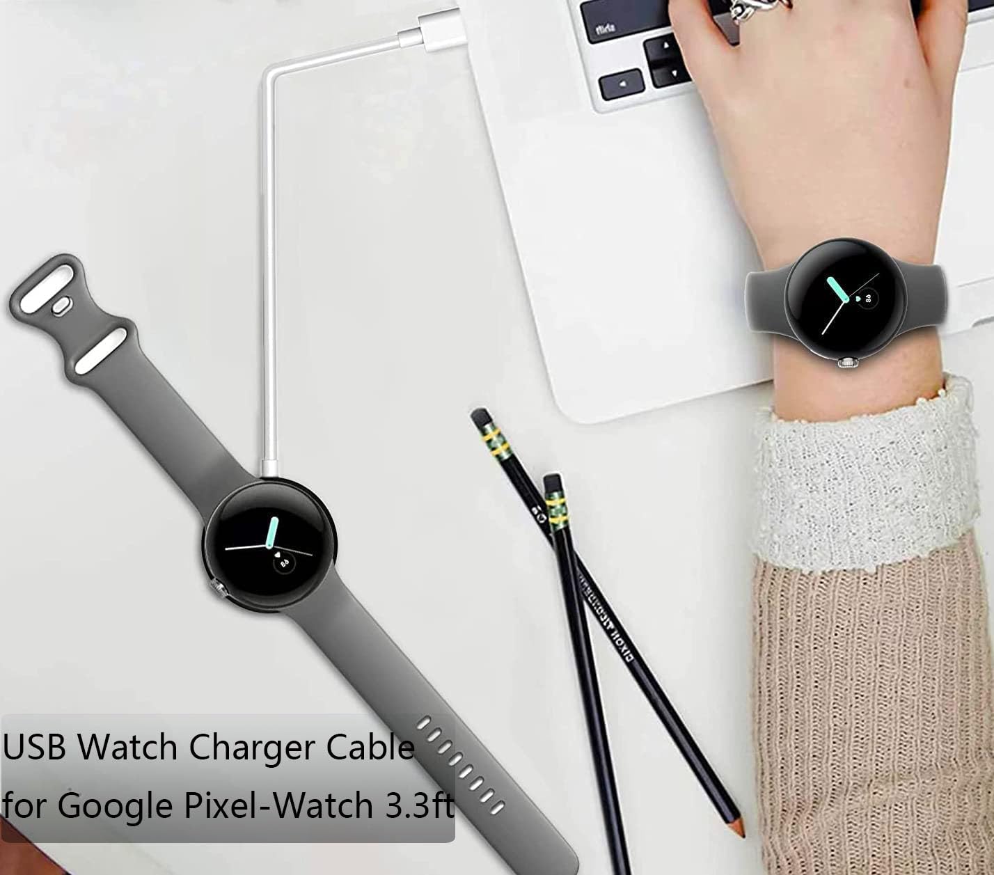 USB Watch Charger Cable for Google Pixel-Watch, Magnetic Replacement Charging Cable Cord Stand for Google Pixel Smartwatch, White, 3.3FT