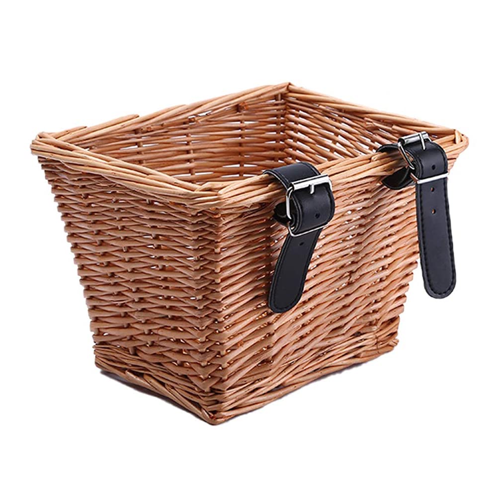 MisFox Bike Baskets for Women, Square Rattan Wicker Bicycle Basket, Detachable Hand-Woven Storage Basket for Childrens or Adults, Leather Straps, 4 Size, Brown
