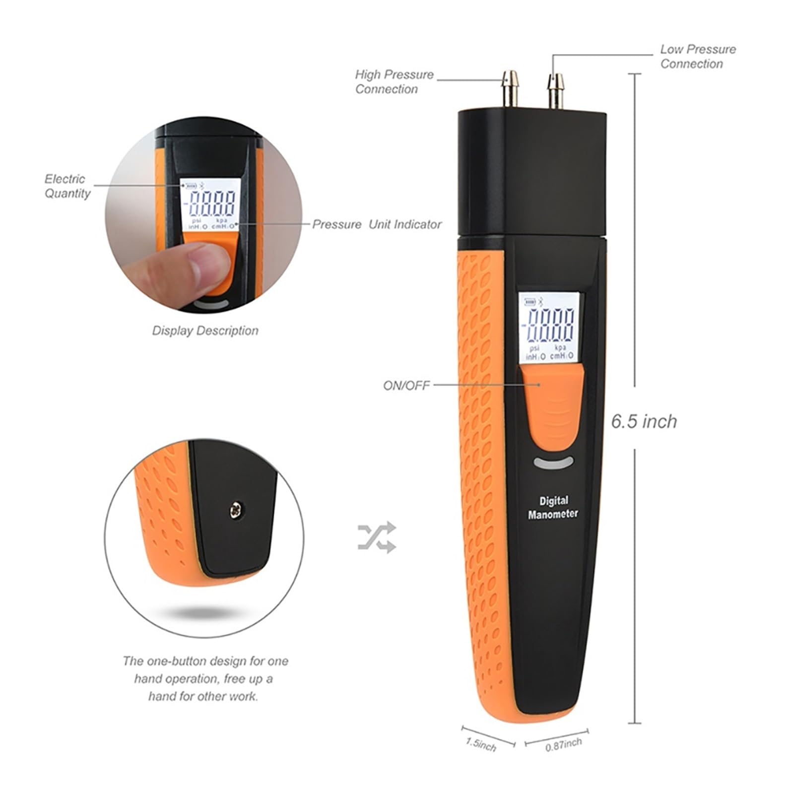 Manómetro digital Medidor de presión aire doble puerto HVAC Probador gas diferencial Bluetooth-compatible