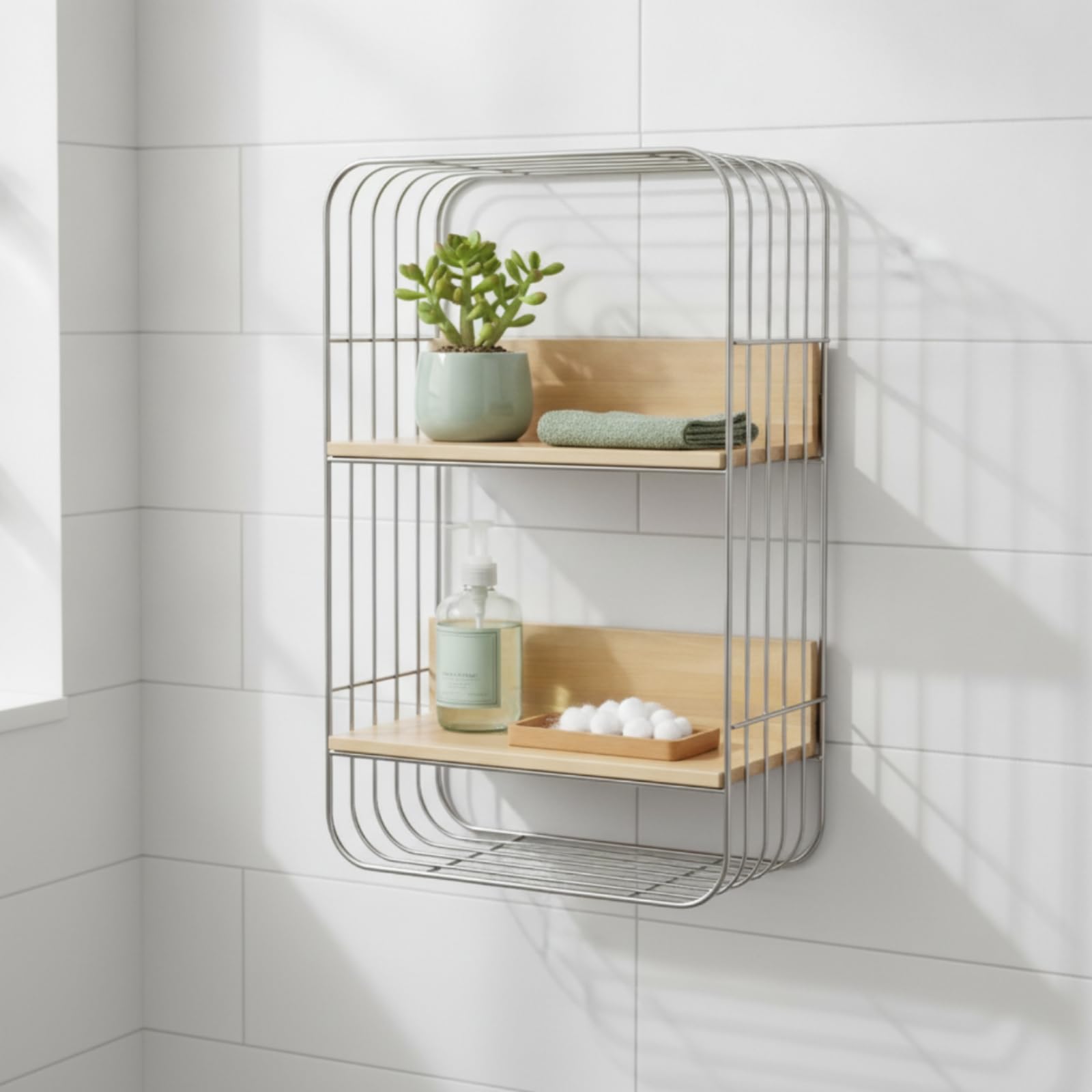 Estante de Pared Repisa Organizador Estante Flotante de Pared con Bastidor de Acero Inoxidable y Tablas de Madera de Doble Nivel Adecuado para Cocina Baño Oficina en Casa Sala de Estar