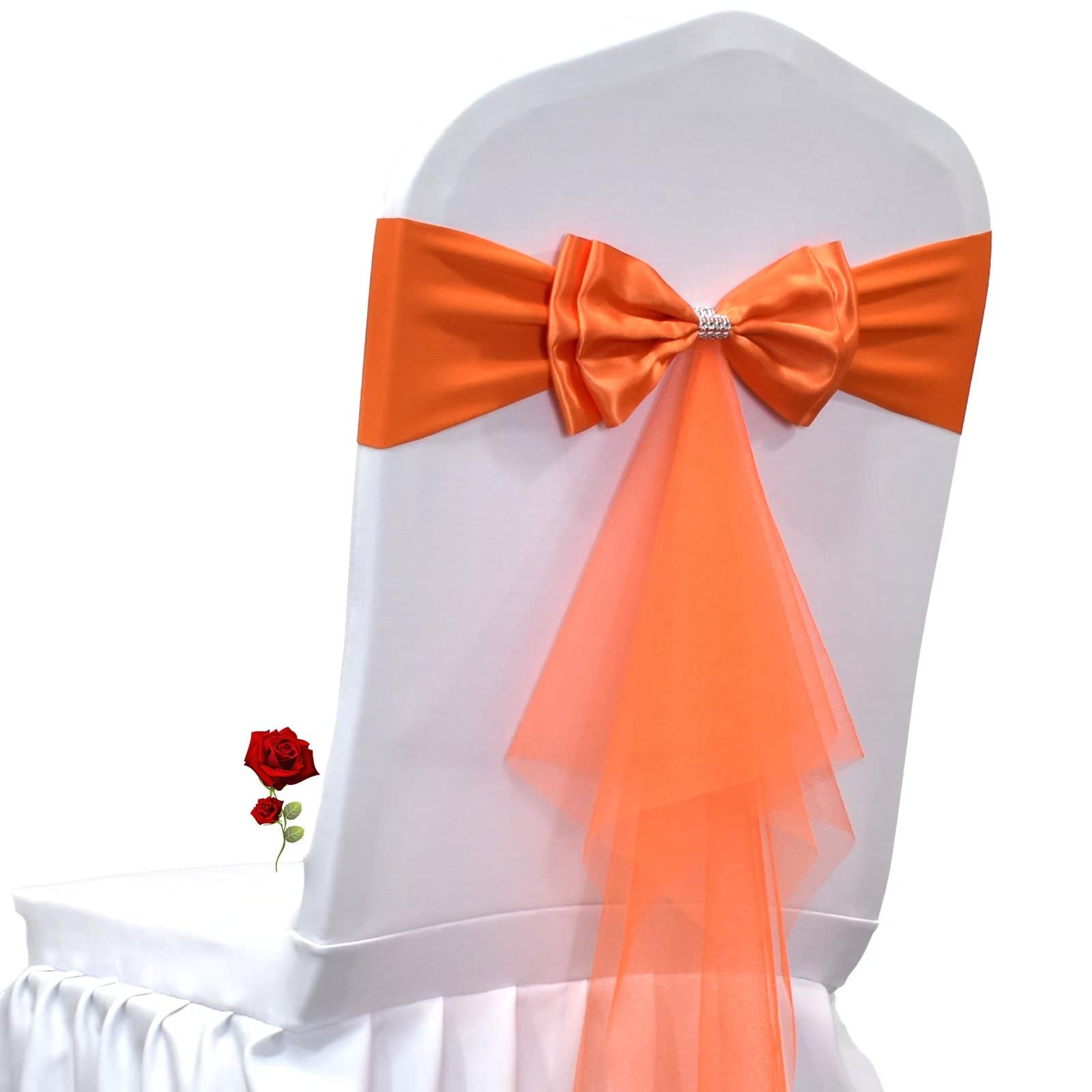 MYS QiQi Pack of 6 Double Bows Organza Stretch Chair Sashes, for Wedding Party Chair Cover Decoration, Spandex Stretch Chairs Bands (6 PCS Orange