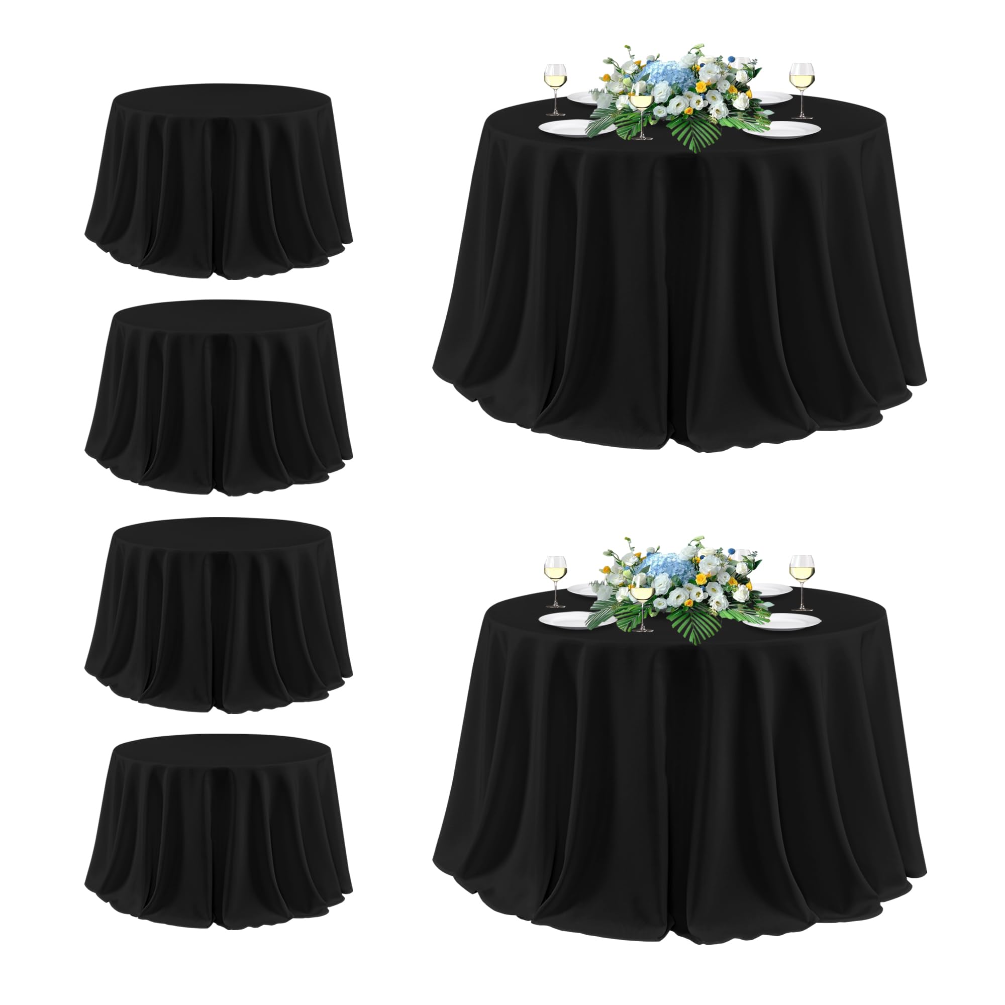 sancua Black Round Tablecloth 132 Inch Fit 54-96 Inch Tables, 6 Pack