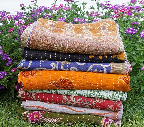 20 Piece Set Handmade Indian Vintage Kantha Quilts Reversible Bohemian Home Decor Blanket – Assorted Color Twin Size 85X55 Inches