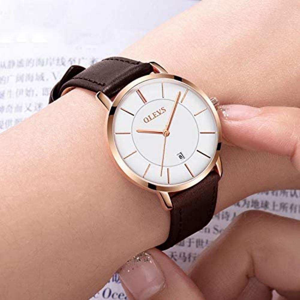 OLEVS Ladies Quartz Watch Minimalist Casual Ultra-Thin Design & Leather Strap & Waterproof & Date Elegant Watch