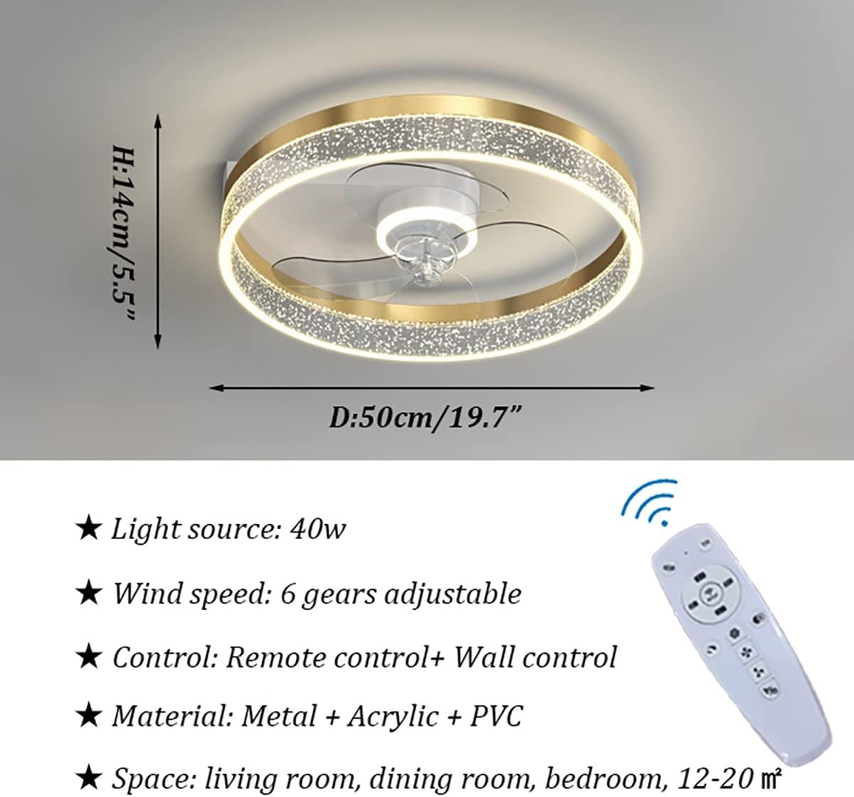 YUEGOO Led Reversible Fan Ceiling Light Living Room Mute 6 Speeds 40W Fan Light Ceiling Bedroom Dimmable Modern Invisible Ceiling Fans with Lights and Remote Control/D