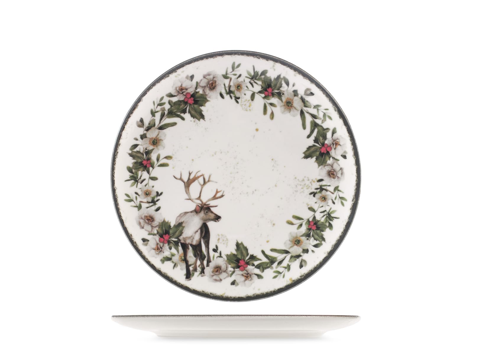 H&H Juego de Mesa Navidad 18 Piezas Garland en Gres - Platos Planos, Sopas y Postres - Decoraciones Elegantes con Animales y Guirnalda Invernales