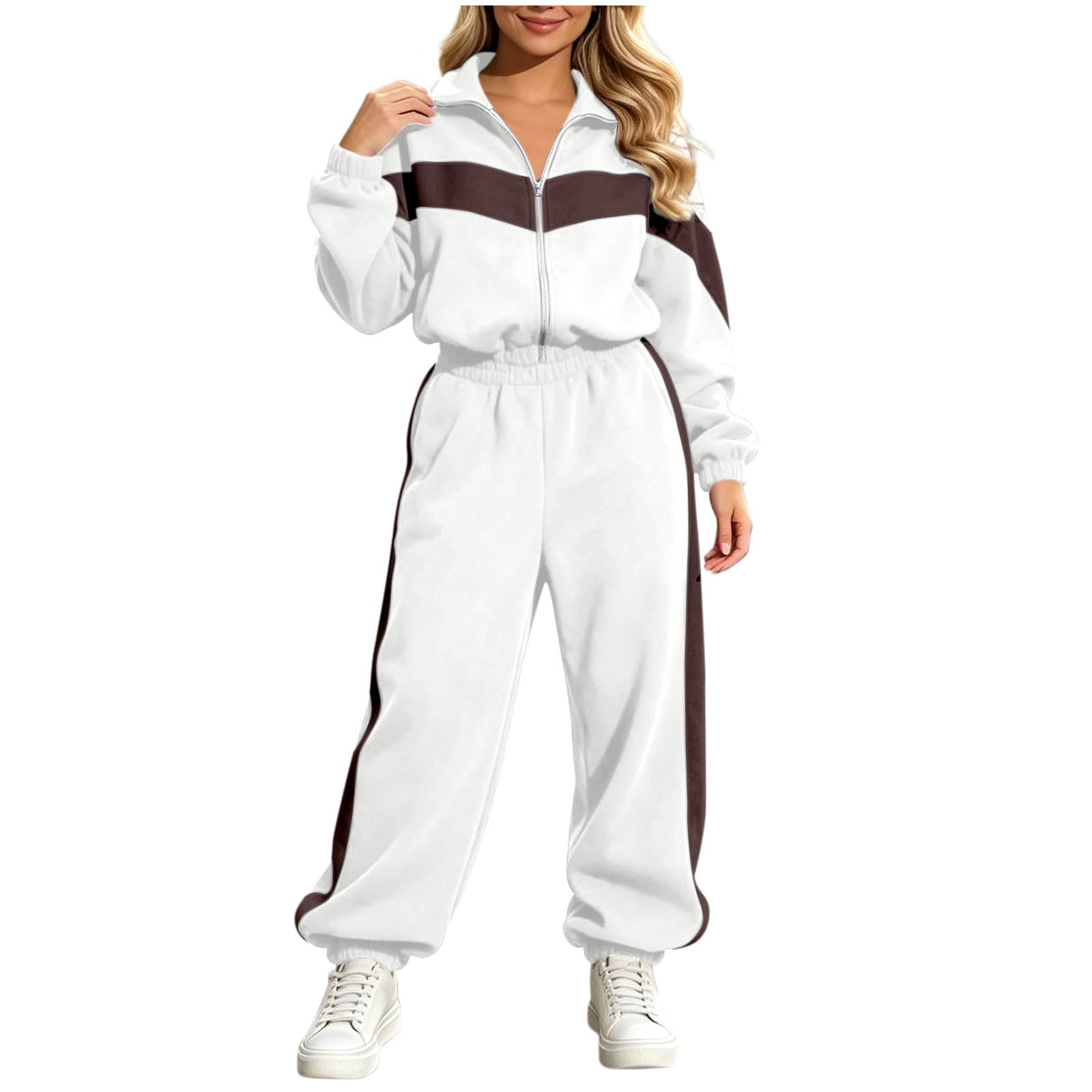 Tuta Donna Sportiva Completo Jogging Giacca e Pantaloni 2 pezzi | Righe Tute, Colori a Contrasto Cappotto con Cerniera e Pantaloni con Cintura Elastica Set Due Pezzi per Autunno e Inverno
