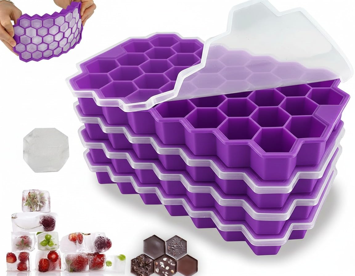 BIDFUL Ice Cube Trays for Freezer with Lid-37 Grid [4Pack] Purple Silicone Ice Cube Tray with Lid for Small Ice Cube Molds,Easy-Release Reusable Ice Cube in Ice Bucket for Iced Coffee Cup