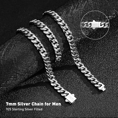 7MM Stainless Steel Mens Cuban Link Chain,Black Metal/925 Sterling Silver Plated Men Chain Necklaces Black/Silver Chain for Men Necklace3