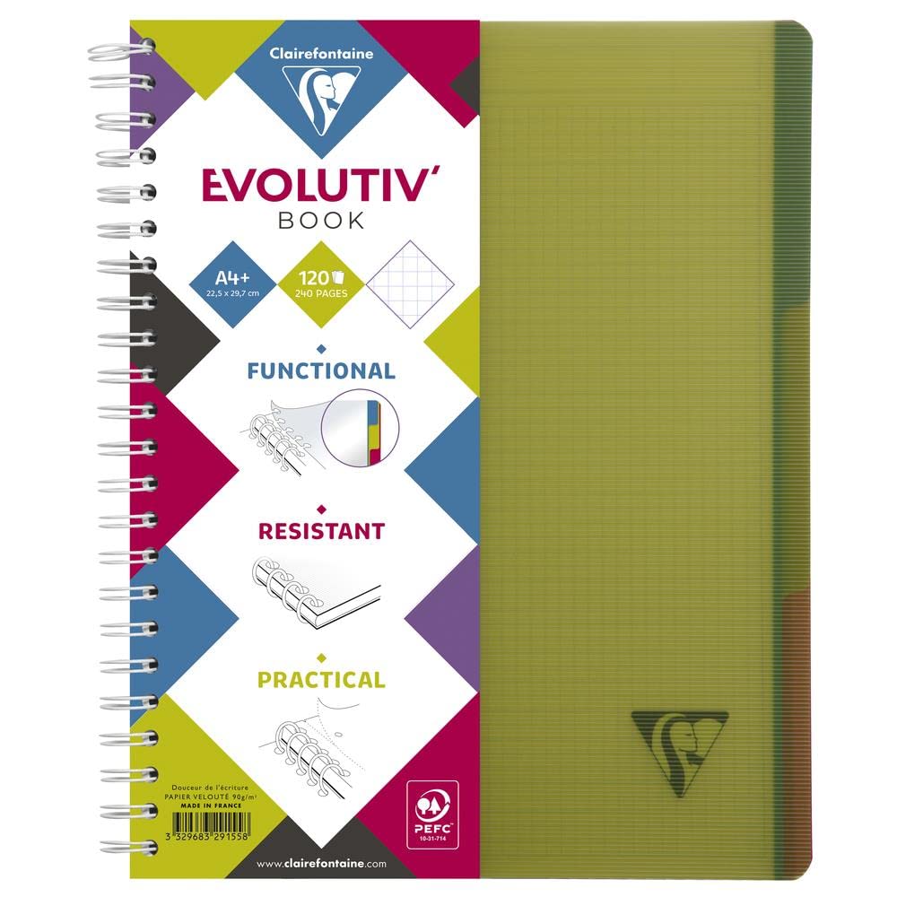 Clairefontaine Lot de 5 Cahiers spiralé Evolutiv'Book 240 p perfo 4 trous 23,5x29,7cm 5x5 - Intercalaires