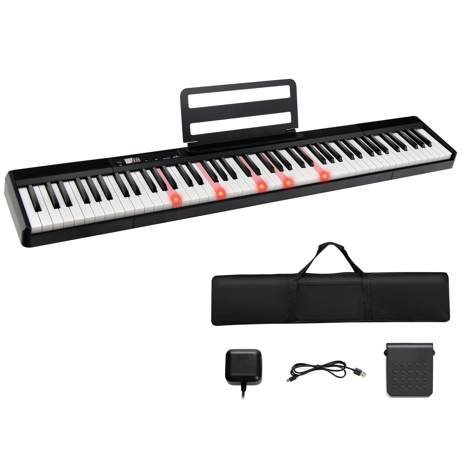 KOMFOTTEU Pianoforte Digitale 88 Tasti, 1000 Suoni e Ritmi, 20 Canzoni Demo, Tastiera Semi-ponderata, Pianoforte Elettronico con Illuminazione a LED Tastiera, Borsa di Conservazione, USB/Bluetooth