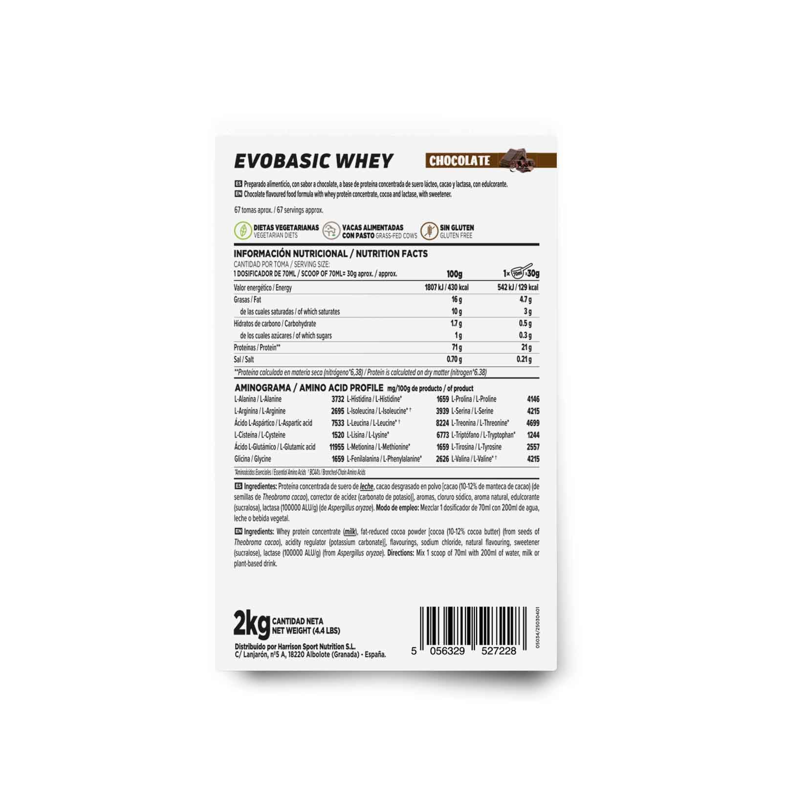 HSN Evobasic Whey (Whey Protein Concentrate WPC) | Chocolate 2Kg = 67 Batidos por Envase | Concentrado de Proteína de Suero con Lactasa | No-GMO, Vegetariano, Sin Gluten ni Soja