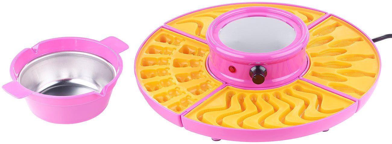 Rosenstein & Söhne Macchine per zucchero filato - set fontana cioccolato: macchina per orsetti gommosi e maker di cioccolatini, incluso set di stampi in ghisa, 25 Watt (macchina per caramelle gommose)