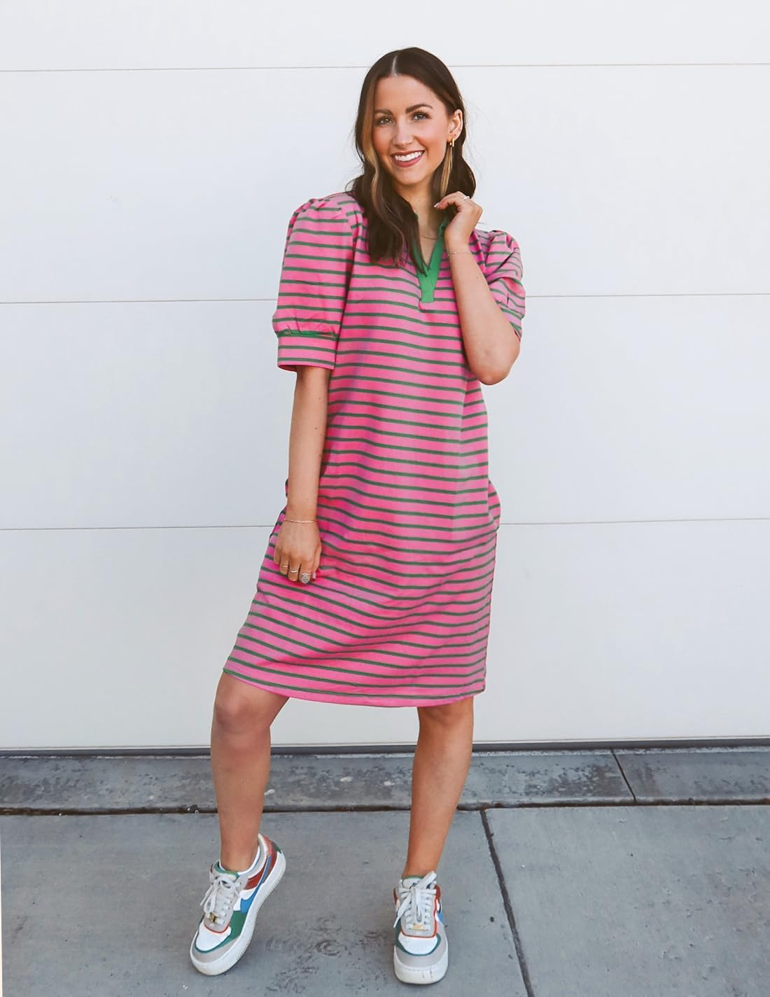 ZESICA Womens Summer Striped T Shirt Mini Dresses 2026 Casual Lapel V Neck Short Sleeve Flowy A Line Beach Vacation Dress