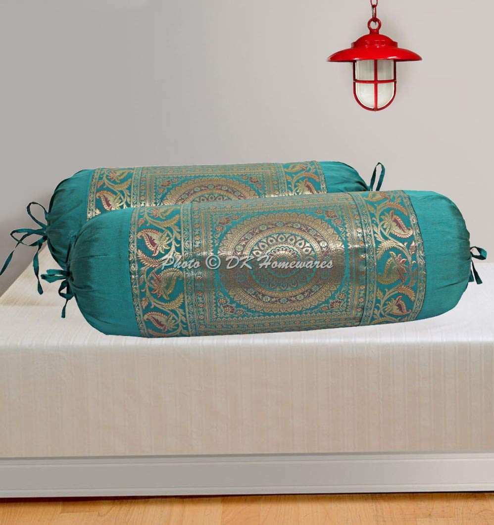 DK Homewares Long Polydupion Silk Banarasi Decorative Sofa Bolster Pillow Cover Green Gold 30 x 15 inch (76x38 cm) Brocade Jacquard Floral Round Mandala Traditional Massand Cushion Cover | (1 Pc) (B07W2ZMMBQ) Amazon Price History, Amazon Price Tracker