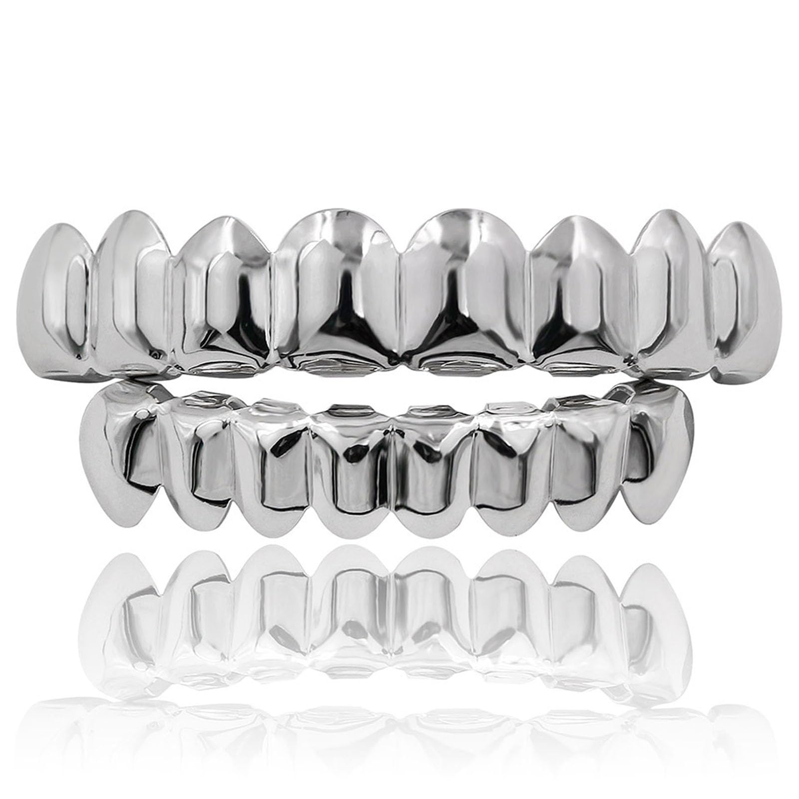 yufana Hip-Hop Mouth Fence for Men and Women, 18k Silver Plated Braces 8 Teeth, Tooth Fence for Top And Bottom, Shiny Silver Color for Clown Rapper, Halloween Role-Playing Party Gift (Silver)